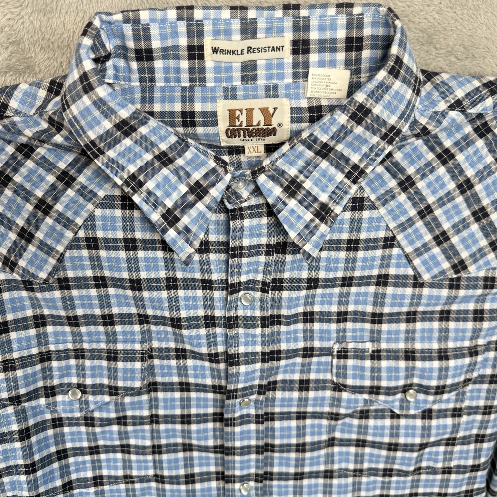 Ely Cattleman Shirt Mens 2XL Western Cowboy Blue & Black Plaid Pearl Snap Pocket